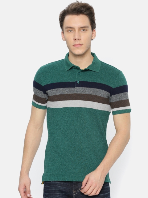 

United Colors of Benetton Men Green Striped Polo Collar T-shirt
