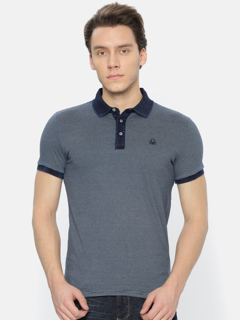 

United Colors of Benetton Men Navy Striped Polo Collar Pure Cotton T-shirt, Navy blue