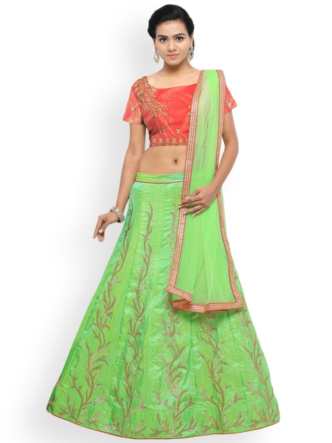

Styles Closet Lime Green & Peach-Coloured Embroidered Semi-Stitched Lehenga & Unstitched Blouse with Dupatta