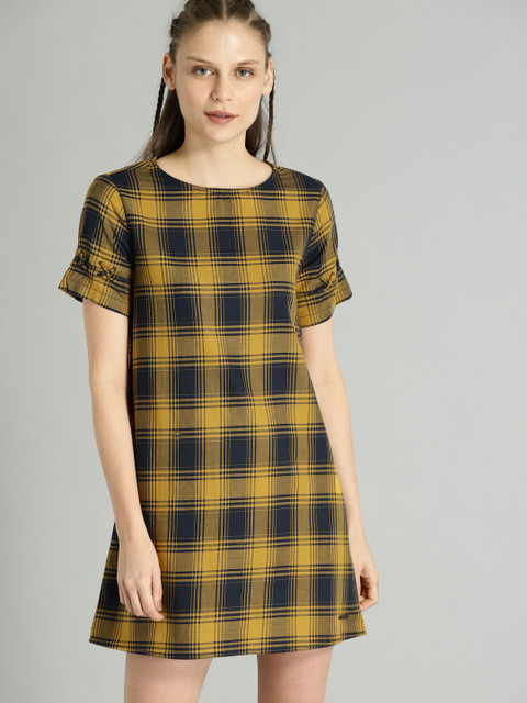 

Roadster Women Mustard Yellow & Navy Blue Checked A-Line Dress