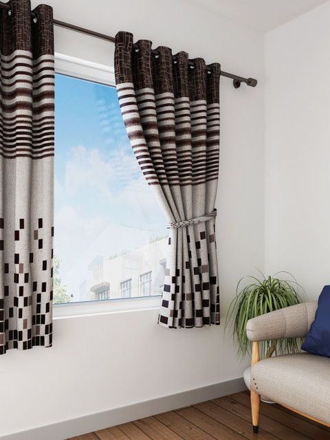 

HOUZZCODE Brown & Beige Set of Single Window Curtains