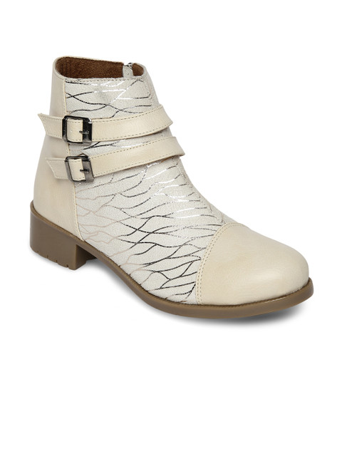

Marc Loire Women Cream-Coloured Printed Synthetic Leather Mid-Top Flat Boots