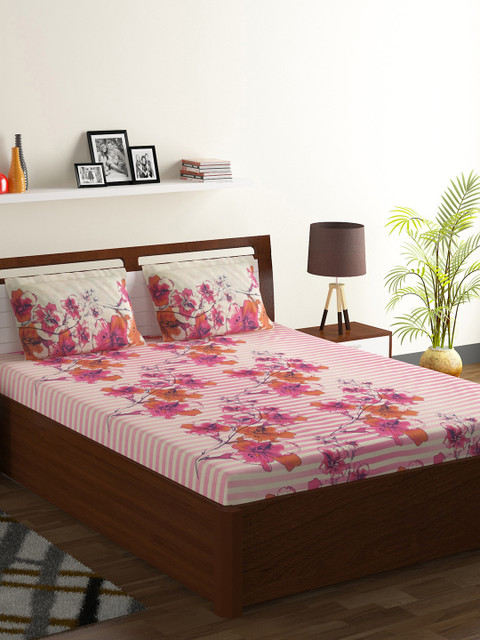 

BOMBAY DYEING Pink Floral Flat 130 TC Polycotton 1 King Bedsheet with 2 Pillow Covers