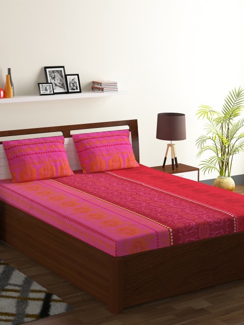 

BOMBAY DYEING Pink Ethnic Motifs Flat 130 TC Polycotton 1 King Bedsheet with 2 Pillow Covers