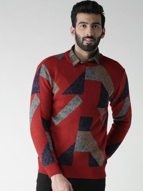 

Okane Men Red & Navy Blue Geometric Pattern Sweater