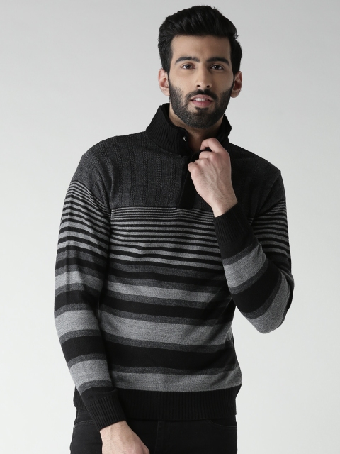 

Okane Men Black & Charcoal Grey Striped Sweater