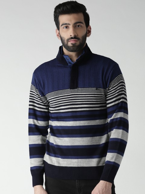 

Okane Men Navy & Grey Striped Sweater, Navy blue