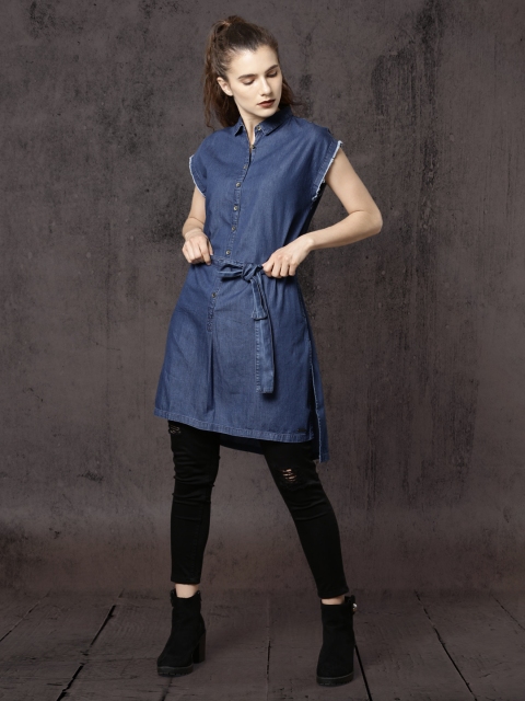 

Roadster Women Blue Solid Denim Longline Shirt