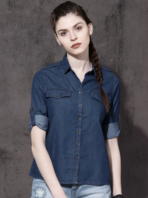 

Roadster Women Blue Regular Fit Solid Casual Shirt