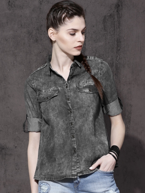

Roadster Women Grey Regular Fit Faded Casual Shirt
