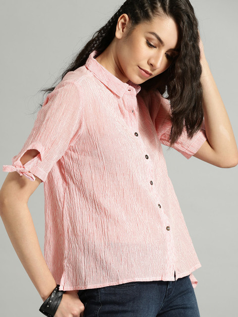 

Roadster Women Red & White Regular Fit Striped Casual Shirt