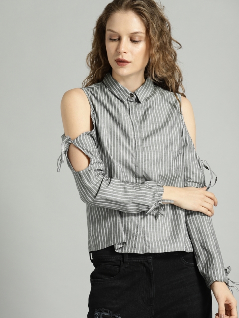 

Roadster Women Charcoal Grey & White Striped Shirt Style Top