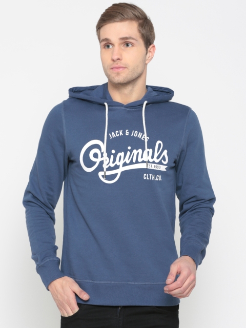 

Jack & Jones Men Blue Printed Hooded Sweatshirt