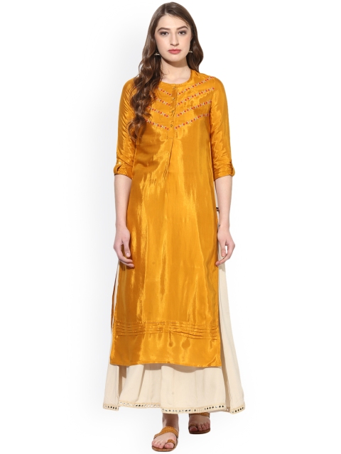 

Juniper Women Mustard Yellow Embroidered Straight Kurta