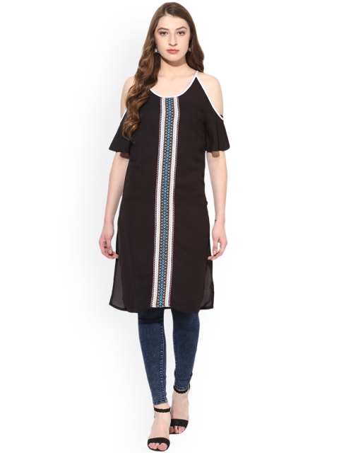 

Juniper Black Georgette Embroidered Cold-Shoulders Kurti