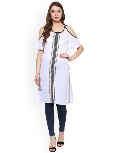 

Juniper White Georgette Embroidered Cold-Shoulders Kurti