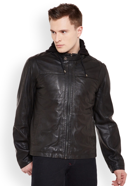 

Justanned Men Black Solid Leather Hooded Jacket