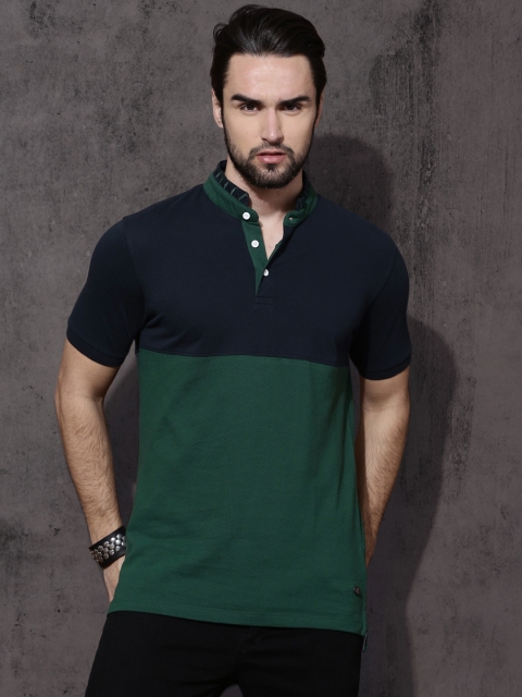 

Roadster Men Green Navy Colourblocked Mandarin Collar Pure Cotton T-shirt
