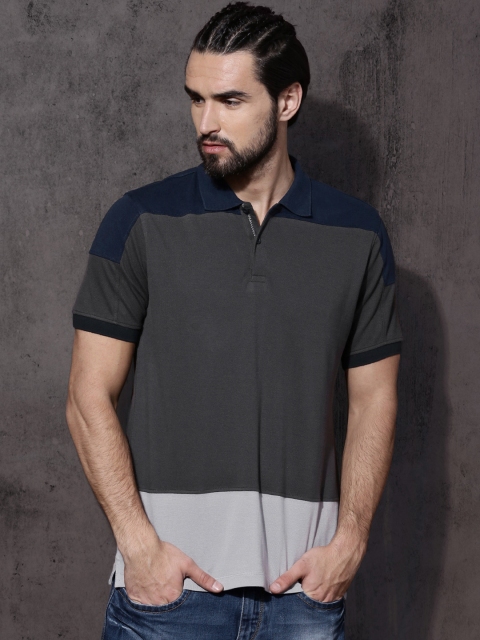 

Roadster Men Charcoal Grey & Navy Colourblocked Polo Collar T-shirt