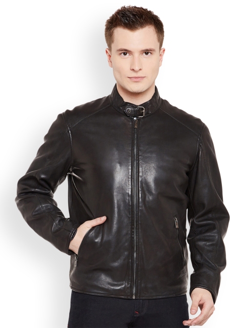 

Justanned Men Black Solid Leather Jacket