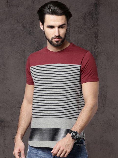 

Roadster Men Maroon & Navy Striped Round Neck T-shirt
