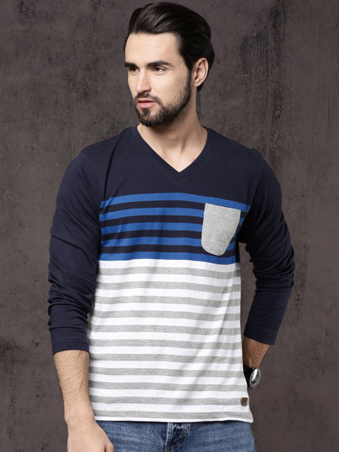 

Roadster Men Navy Blue Striped V-Neck Pure Cotton T-shirt