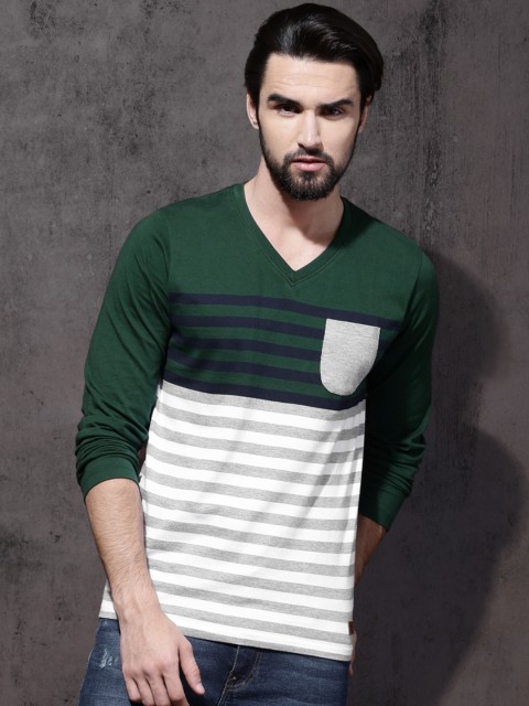 

Roadster Men Green & White Striped V-Neck T-shirt