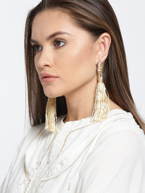 

OOMPH Cream-Coloured & Gold-Toned Tasselled Drop Earrings