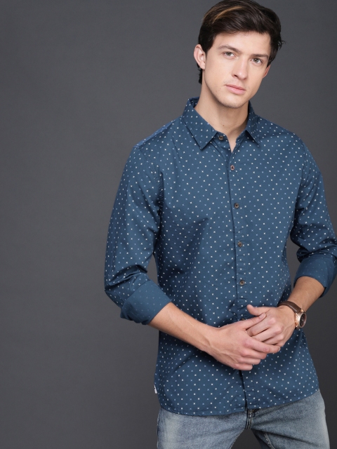 

WROGN Men Navy Slim Fit Printed Casual Shirt, Navy blue