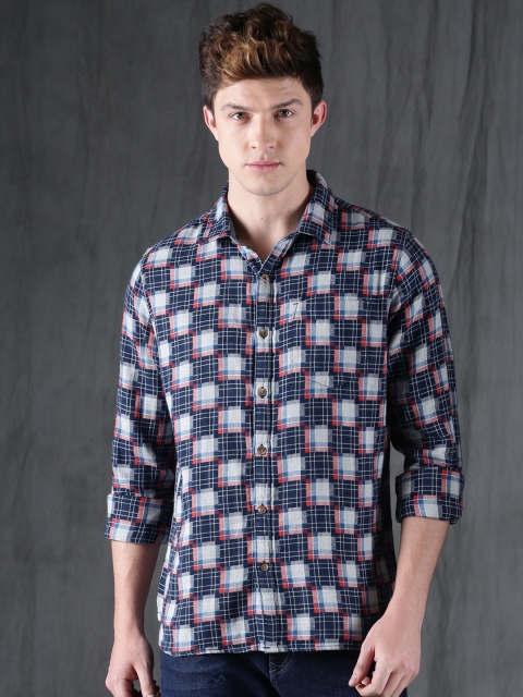 

WROGN Men Grey & Navy Blue Slim Fit Checked Casual Shirt