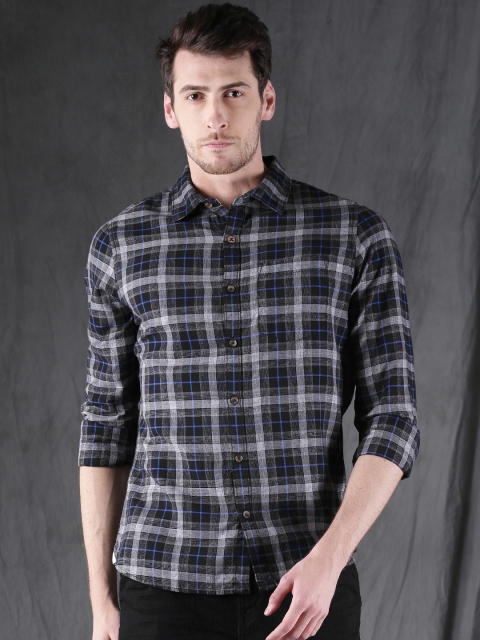 

WROGN Men Black & Grey Slim Fit Checked Casual Shirt