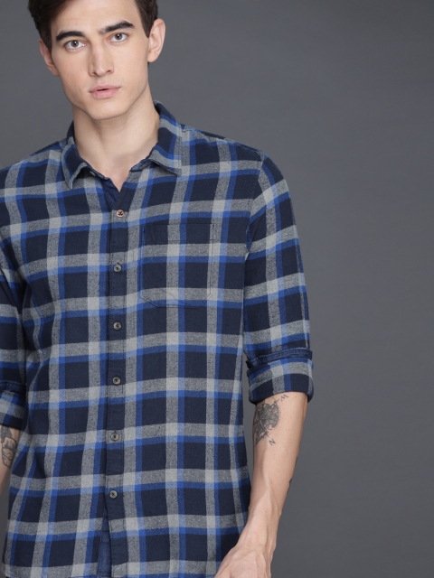 

WROGN Men Blue & Grey Slim Fit Checked Casual Shirt