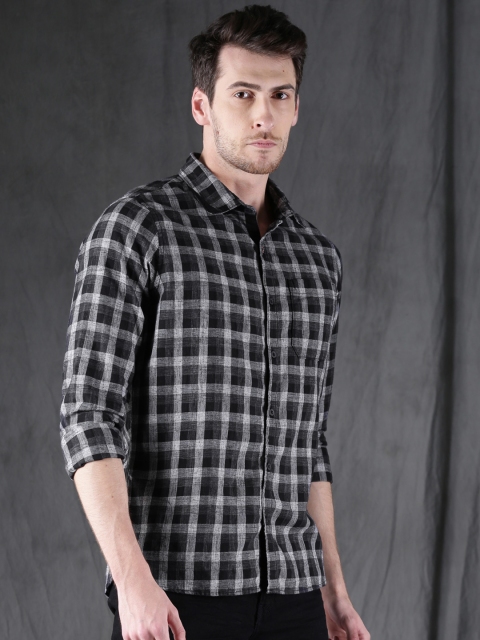 

WROGN Men Grey & Grey Slim Fit Checked Casual Shirt, Black
