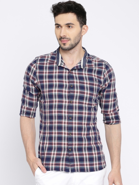 

WROGN Men Navy & White Slim Fit Checked Casual Shirt, Navy blue