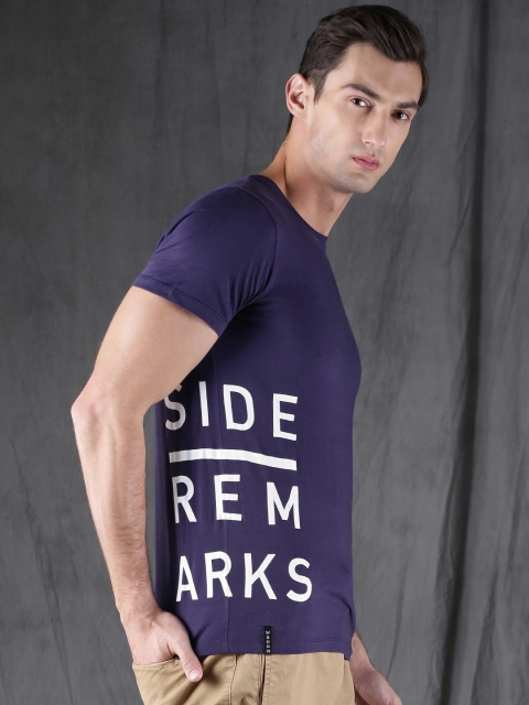 

WROGN Men Navy Blue Printed Slim Fit Round Neck T-shirt