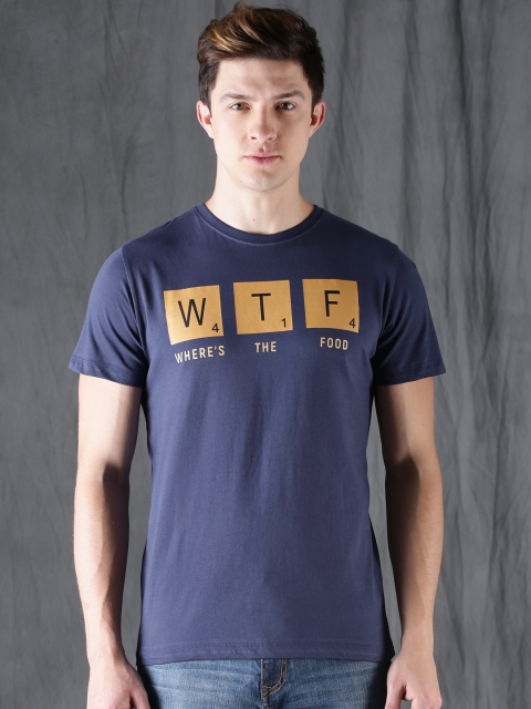 

WROGN Men Blue Printed Round Neck T-shirt