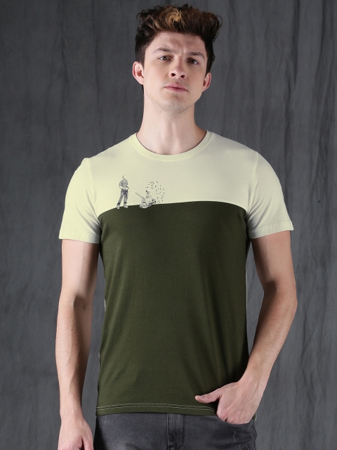 

WROGN Men Olive Green & Off-White Colourblocked Round Neck T-shirt