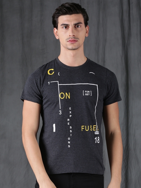 

WROGN Men Charcoal Grey Printed Round Neck T-shirt