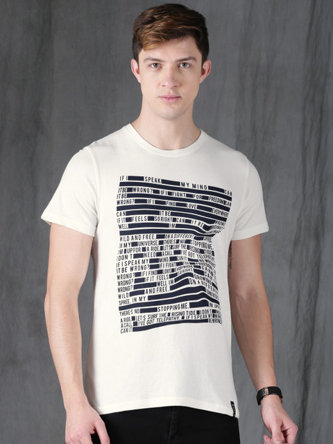 

WROGN Men White Printed Slim Fit Round Neck T-shirt