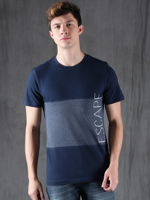 

WROGN Men Blue Printed Slim Fit Round Neck T-shirt