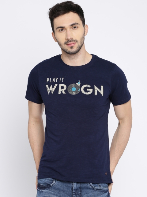 

WROGN Men Navy Blue Printed Slim Fit Round Neck T-shirt