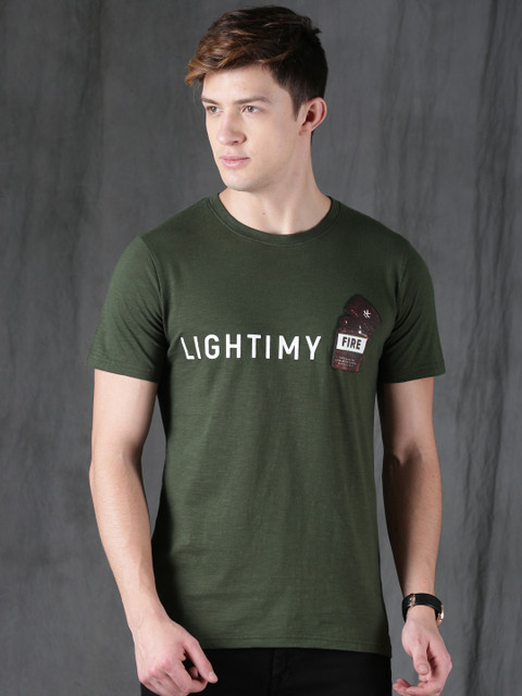 

WROGN Men Olive Green Printed Slim Fit Round Neck T-shirt
