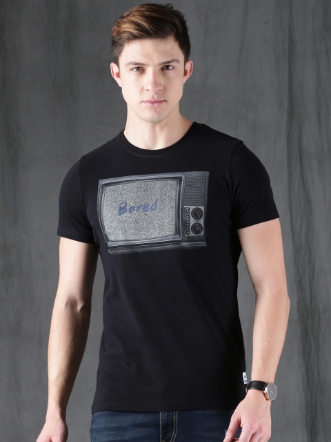 

WROGN Men Black Printed Slim Fit Round Neck T-shirt