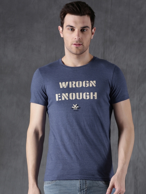 

WROGN Men Blue Printed Round Neck T-shirt
