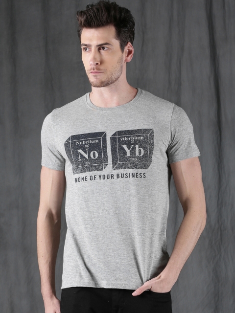 

WROGN Men Grey Melange Printed Round Neck T-shirt