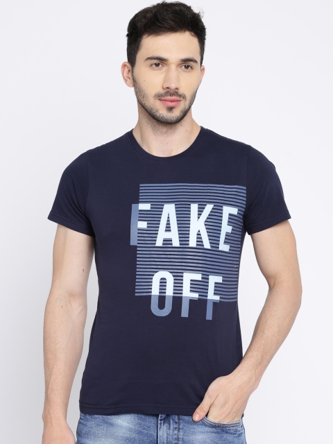 

WROGN Men Navy Blue Printed Round Neck T-shirt