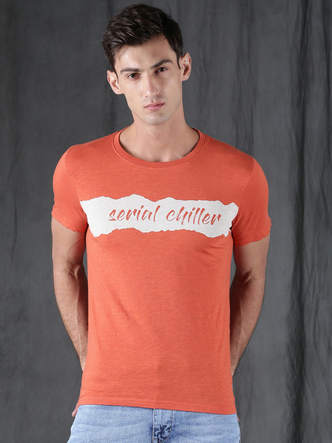 

WROGN Men Orange Printed Round Neck T-shirt