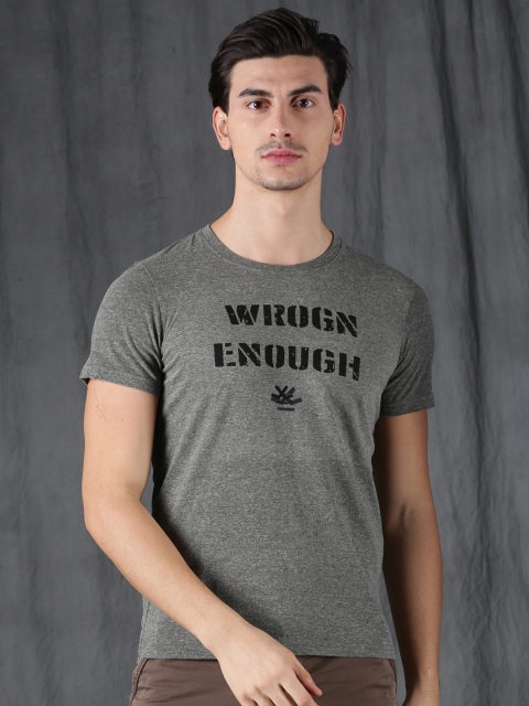 

WROGN Men Grey Melange Printed Round Neck T-shirt