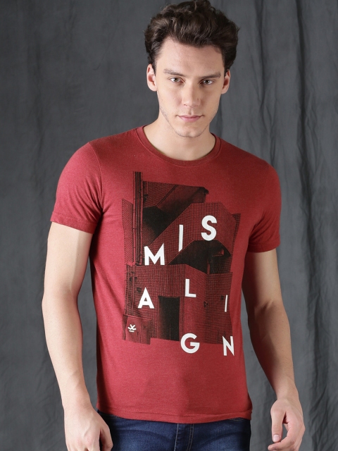 

WROGN Men Red Printed Round Neck T-shirt