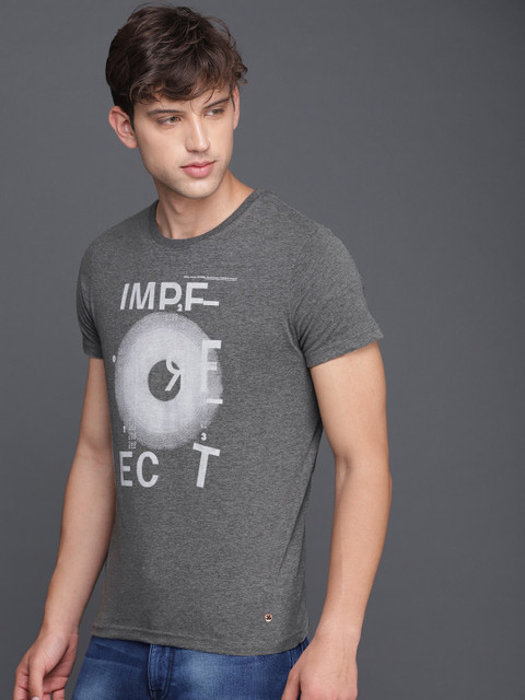 

WROGN Men Grey Melange Printed Slim Fit Round Neck T-shirt